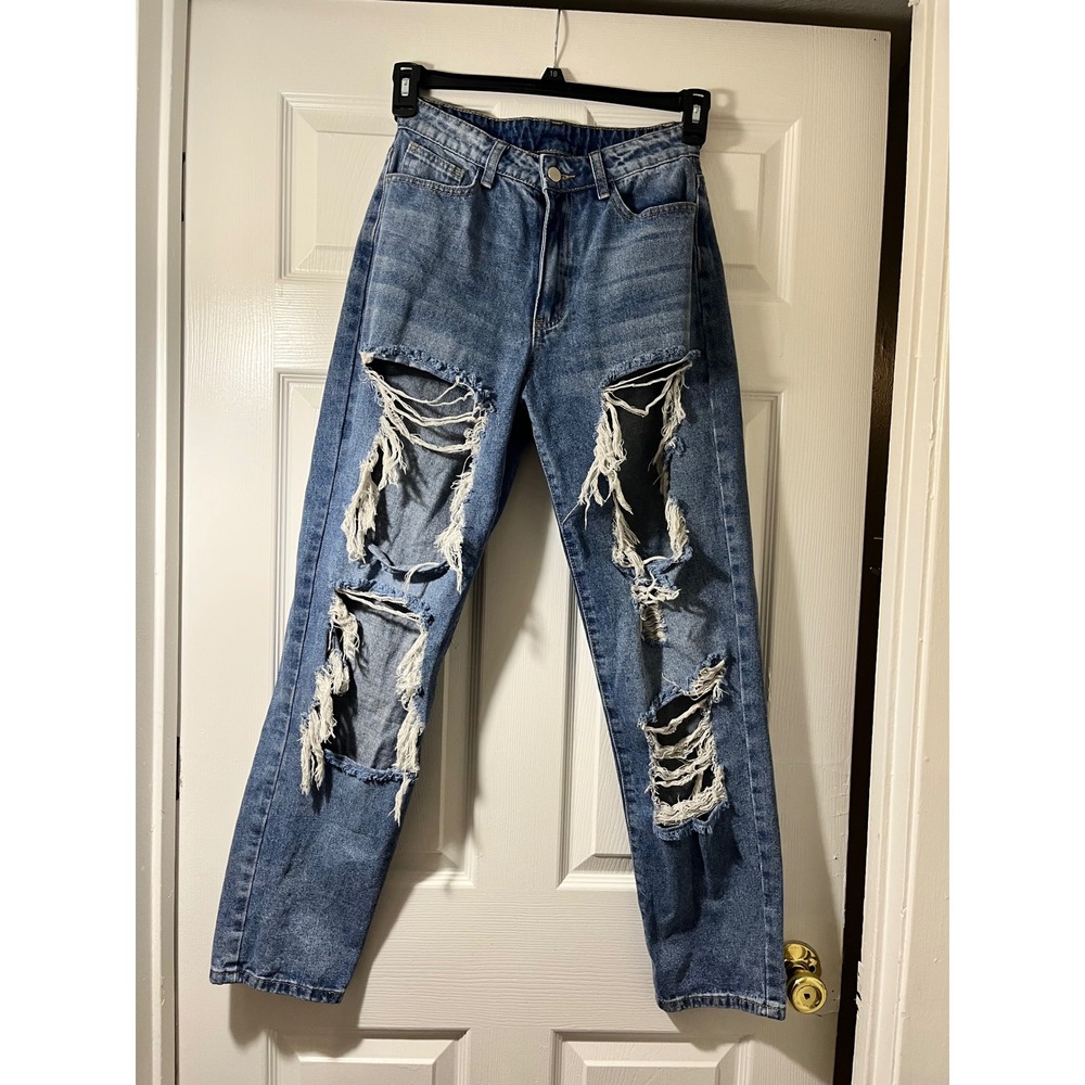 SHEINSXY Womens High Rise Distressed Straight Leg Jeans Blue Medium Wash W27 L32